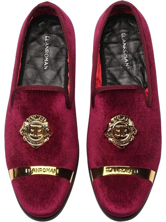 ELANROMAN Men\'s Wine Velvet Loafers Dress Gold Buckle Wedding Party Prom Shoes main image 6